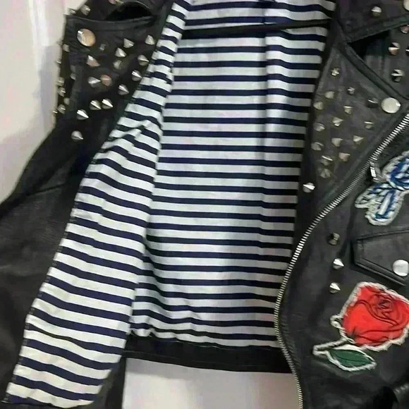 **Host Pick **ZARA BLACK REAL LEATHER BIKER JACKET WITH  STUDS AND PATCHES - Picture 15 of 17